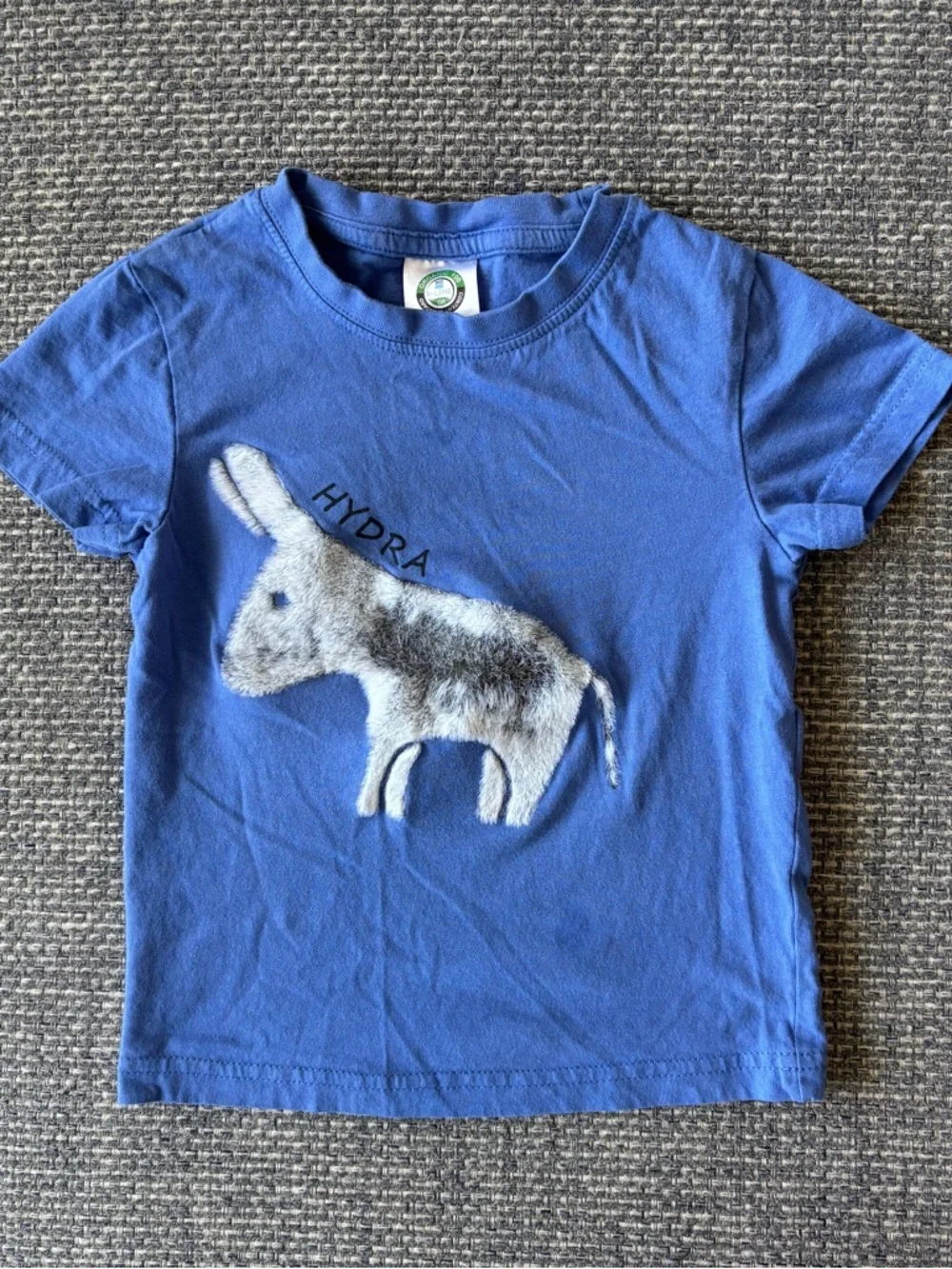 Kids Blue T‑Shirt Textured Fuzzy Donkey Graphic Applique - Hydra, Greece | Sz 2